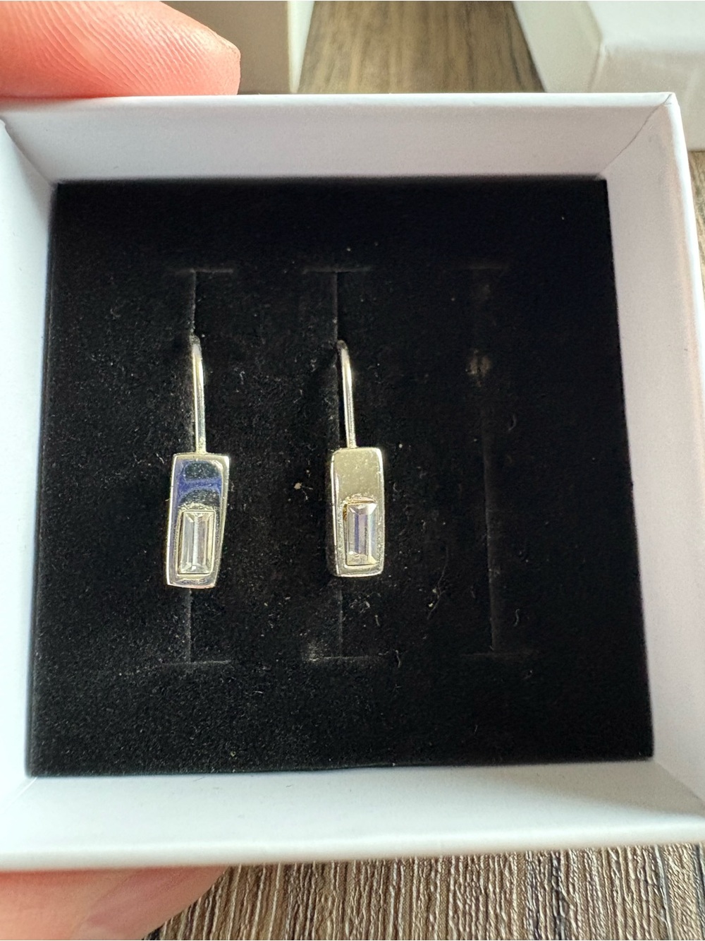 Rectangular Cubic Zirconia Drop Earrings in Silver Tone